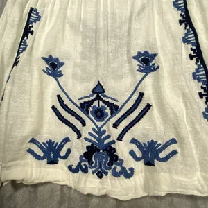 Free People Mini Dress Medium White Embroidered Blue Boho Cinch Artsy Beachy thumbnail 8