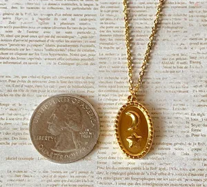 Handmade gold stainless steel celestial whimsical vintage oval moon & star necklace🌟 thumbnail 8