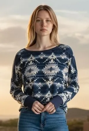 Denim & Supply Ralph Lauren Southwestern Geometric Print Cropped Top Blue M thumbnail 1