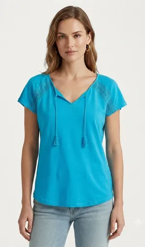 Lauren Ralph Lauren T-Shirt Women L‎ Blue Boho Crochet Lace Tassel Tie Top thumbnail 1