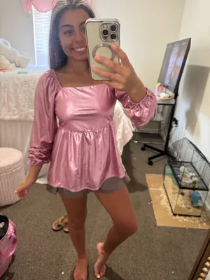 JODIFL Shimmer Pink Puff-Sleeve Peplum Top thumbnail 2