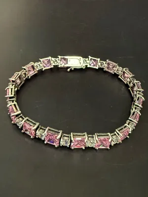 Vintage 925 Sterling Silver Princess Cut Pink CZ & Clear Round Tennis Bracelet thumbnail 3