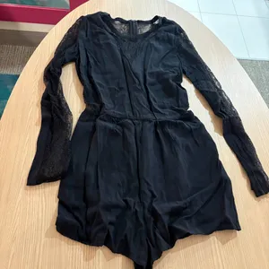 Abercrombie & Fitch Romper Size 00 Solid Black Lace Inlays Long Sleeve Viscose thumbnail 1