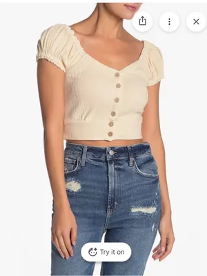Free People shirt Puff-Sleeve Button Sz L thumbnail 2