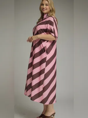 New!Entro Boutique Pink & Brown Pocket Diagonal Stripe Midi Dress Size 2X thumbnail 3