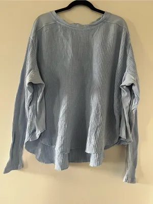 Free People Oversized Waffle Knit Blue Thermal Top Large Coastal Cozy Cotton thumbnail 1