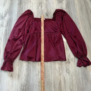 Altar'd State Burgundy Satin Peplum Top Square Neck Smocked Back Size Medium NEW thumbnail 5