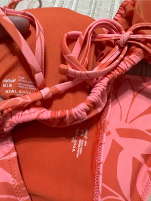 Aerie Coral Pink Leaf-Print Bikini Set thumbnail 3