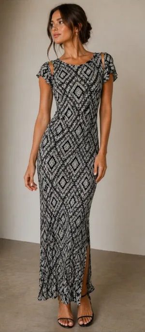 AQUA Black/White‎ Printed Maxi Dress, Large thumbnail 1