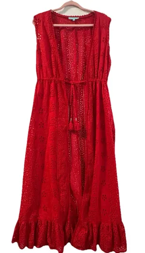Melissa Odabash Tessa red cotton eyelet midi beach dress, size Small thumbnail 3