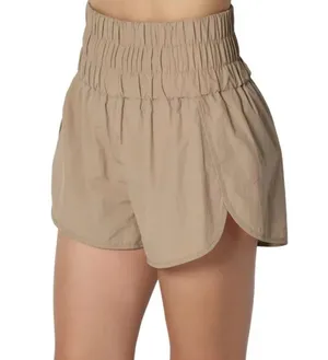 Free People Smocked High Waist Windbreaker Running Shorts Medium Light Mocha thumbnail 1