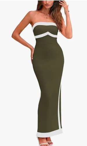 PRETTYGARDEN NEW Olive Green Bodycon Strapless Slit Cocktail Party Tube Maxi Dress S thumbnail 1