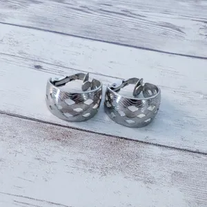 Vintage Clip On Earrings Silver Tone Cut Out Design Hoops with Pattern thumbnail 3