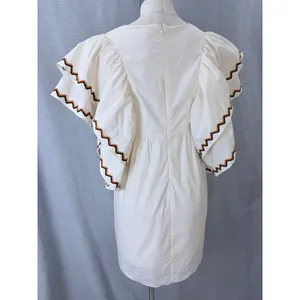 La Lavon Mini Dress Cream Embroidered Flutter‎ Sleeve Empire Waist Large L thumbnail 10