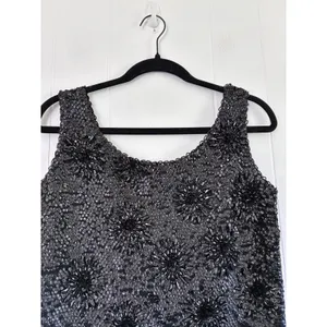 Vintage‎ Hand Beaded Wool Shell Top Black Sequin Floral Fringe Tank M WPL 3526 thumbnail 6