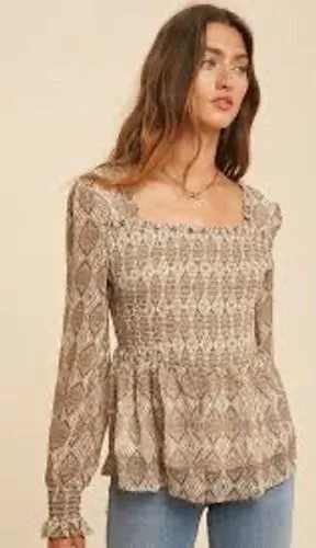 Women's Loom Smocked Peplum Blouse Boho Romantic Long‎ Sleeve Size S New thumbnail 1