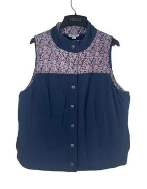 Denim & Company M Quilted Blue Floral Print Puffy Vest Pocketed Snap Button thumbnail 1