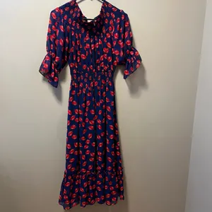 MISA Off Shoulder Midi Dress Blue Red Floral Boho Romantic Cottagecore Flowy‎ MD thumbnail 7