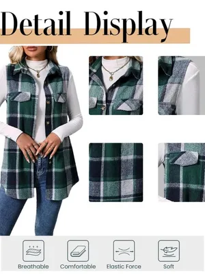 Cute Duck Women's Green Plaid Sleeveless Long Vest Jacket XL thumbnail 4
