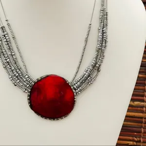 Chico’s Red Medallion Choker Necklace Seed Beads thumbnail 2