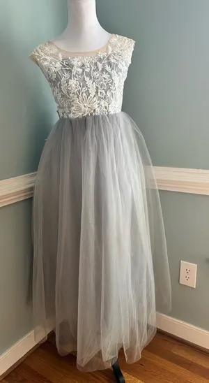 Embroidered Lace Bodice Tulle Maxi Dress in Light Gray and Ivory thumbnail 1