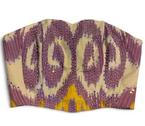Strapless Beaded with Sequins Ikat Bustier Top in Purple and Cream thumbnail 1