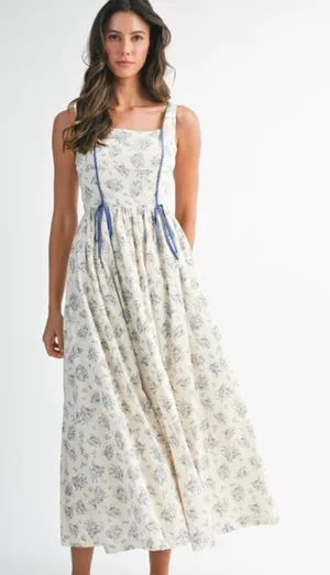 Floral Print Square Neck Contrast Pipinig Dress thumbnail 1