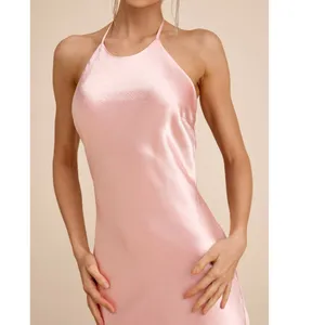 NEW Lulus Magnificence Blush Pink Glossy Satin Backless Halter Maxi Dress Large thumbnail 5