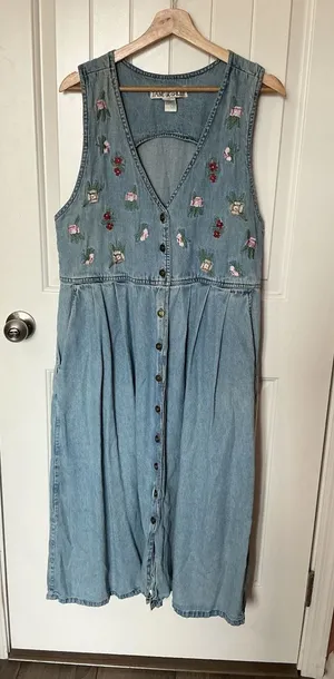 Vintage Jane Ashley Denim Button-Front Midi Dress with Floral Embroidery Medium thumbnail 1