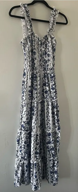 Blue White Floral Smocked Maxi Dress 1X Cottagecore Euro Summer Coastal Vacation thumbnail 1