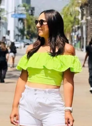 Women’s XXL "A New Day" Ruffled Crop Top, Off the Shoulder, Lime Green XXL thumbnail 1