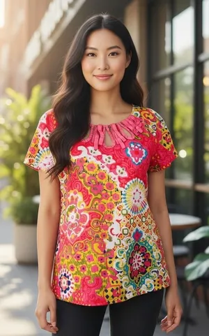 J. Crew Boho Printed Blouse Size 6 Multicolor Cotton Ramie Pleated‎ Keyhole Neck thumbnail 1