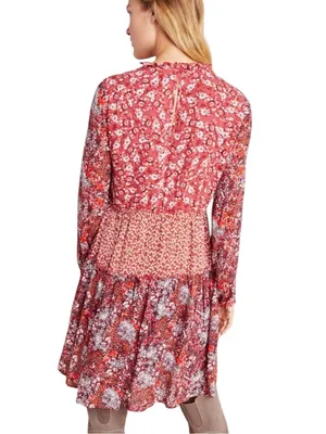 Anthropologie Maeve Esther Tiered Boho Tunic Mini Dress Red Floral Size S thumbnail 4