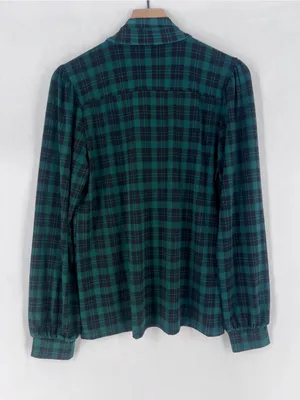 Ann Taylor Stretch Jersey Knit Green Black Plaid Tie-Neck Blouse Size S‎ thumbnail 9