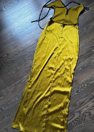 Commense mustard yellow green satin effect cutout backless strap tie maxi dress thumbnail 1