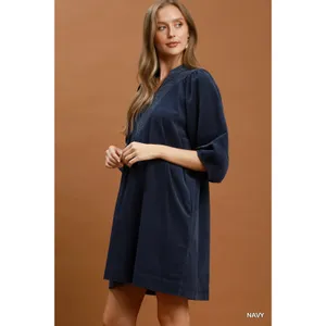Umgee Corduroy V-Neck Puff Sleeve Shift Dress with Pockets - Navy - Medium thumbnail 2