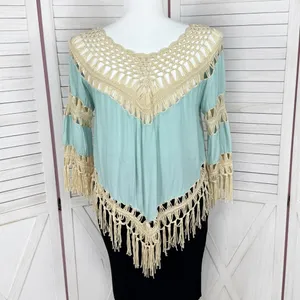 UMGEE Boho Peasant Crochet Fringe Hem Triangle Top‎ Teal Green Tan Large Hippie thumbnail 5