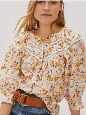 Anthropologie Harmony Lace Floral White Peasant Boho Blouse Top size medium thumbnail 1