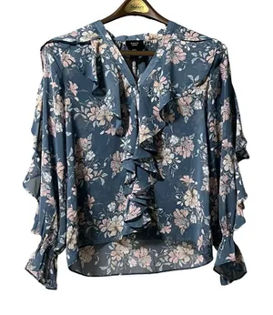 VICI Womens Size Small Blue Long Ruffle Sleeve Boho Floral Blouse‎ Peasant City thumbnail 1