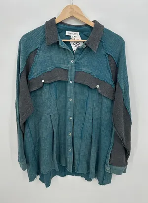 Sewn + Seen Whiskey Shacket Teal Blue‎ Cotton Gauze Mixed Media Waffle Knit Sz M thumbnail 1
