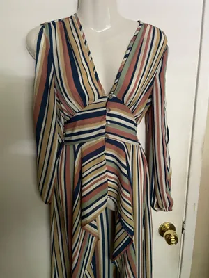 Penelope Asymmetric Stripe Long Sleeve Linen and Silk Shirtdress, featuring a V-neckline thumbnail 3