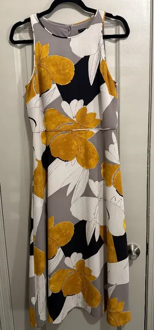 Ann Taylor Sleeveless Midi Dress Floral Size 8 Grey Black Yellow thumbnail 1