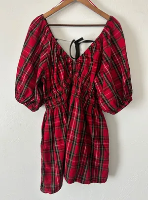 Old Navy Red Plaid Puff-Sleeve Mini Dress thumbnail 1