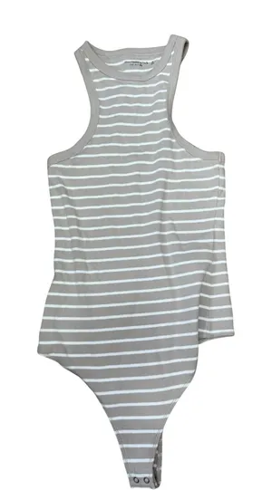 Abercrombie & Fitch Tan White‎ Striped Soft A&F Rib High Neck Bodysuit M thumbnail 1