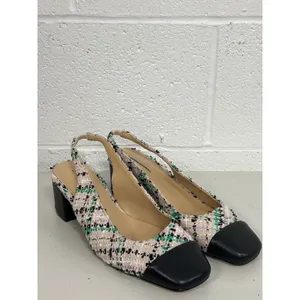 Ann Taylor Sz 7.5 Tweed Cap Toe Block Heel Slingback Pumps Black White Teal thumbnail 3