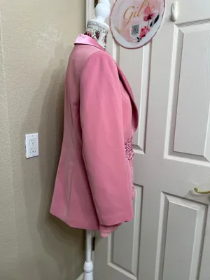 Tiffany Collection Pink Satin Trim Embroidered Embellished Blazer Size 14 thumbnail 4