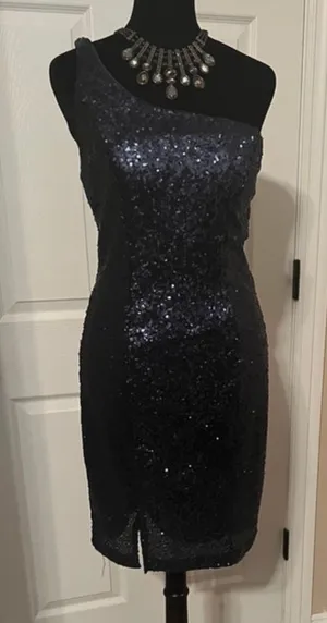 Sexy blue sequin one shoulder cocktail dress thumbnail 1