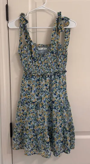 Altar'd State Light Blue Floral Smocked Tie-Shoulder Mini Dress thumbnail 1
