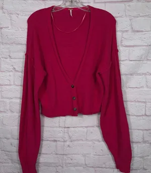 Free People Women’s Hot Pink Cropped Button Cardigan Size Large thumbnail 1