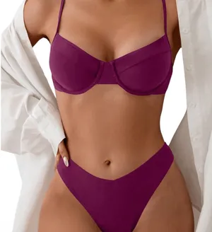 NWT Wine‎ Spaghetti Strap High Cut Push Up Underwire Bikini thumbnail 1